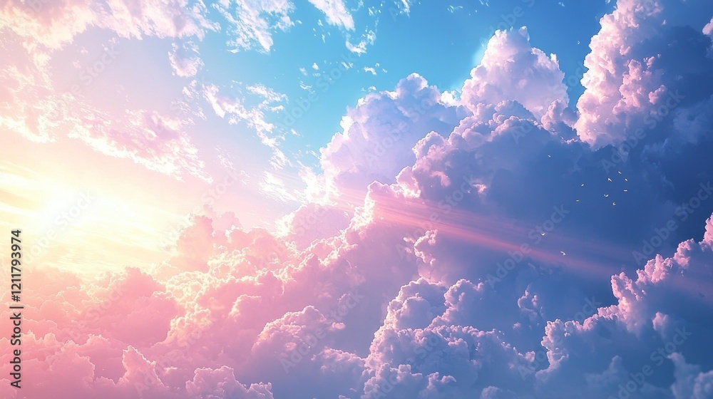 Poster as the day transitions to evening, vivid sun rays break through the fluffy clouds, creating a breath