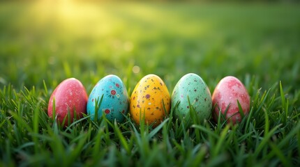 Fototapeta premium Colorful decorated Easter eggs with floral patterns placed in fresh green grass with sunlight. Easter celebration and spring holiday concept