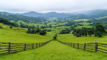 Fototapeta premium Wooden fences run down a lush green hill in a scenic mountain valley under an overcast sky.