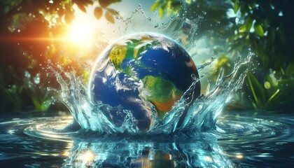 Planet Earth Emerging from Water with Splashes.Concept of Water as the Source of Life on Earth.Global Water Resources and Environmental Conservation.