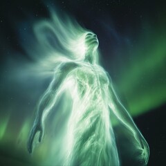 Luminous Human Form Ascending With Glowing Ethereal Energy In The Starry Night Sky