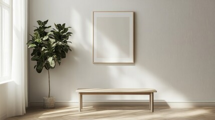 Blank wall frame above a simple bench in a Scandinavian-style room