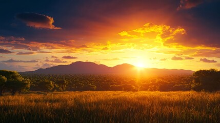 Fototapeta premium Breathtaking Sunset Over Wild Savannah Landscape With Mountains