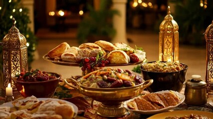 Luxurious spread of traditional dishes arranged beautifully with golden lanterns and warm lighting creating a festive atmosphere for a culinary celebration with vibrant colors and rich flavors