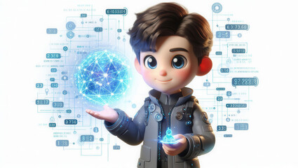 Innovative child engaging with digital technology virtual space 3d animation creative concept