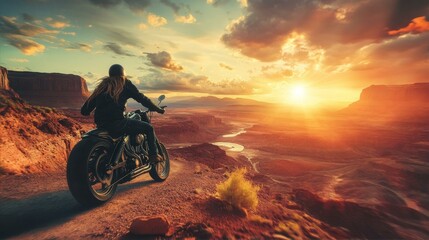 Fototapeta premium Motorcyclist Driving Through Canyon At Sunset With Dramatic Sky And Warm Light