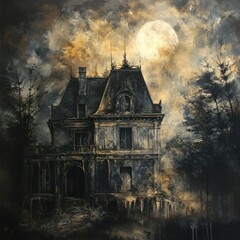 Old House Under Full Moon In Dark Sky