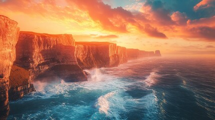 Fototapeta premium A breathtaking seaside scene with cliffs glowing under sunset light and waves crashing below