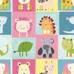 Playful Animal Grid with Colorful Blocks Baby Wall Art Design Pattern Featuring Cute Characters