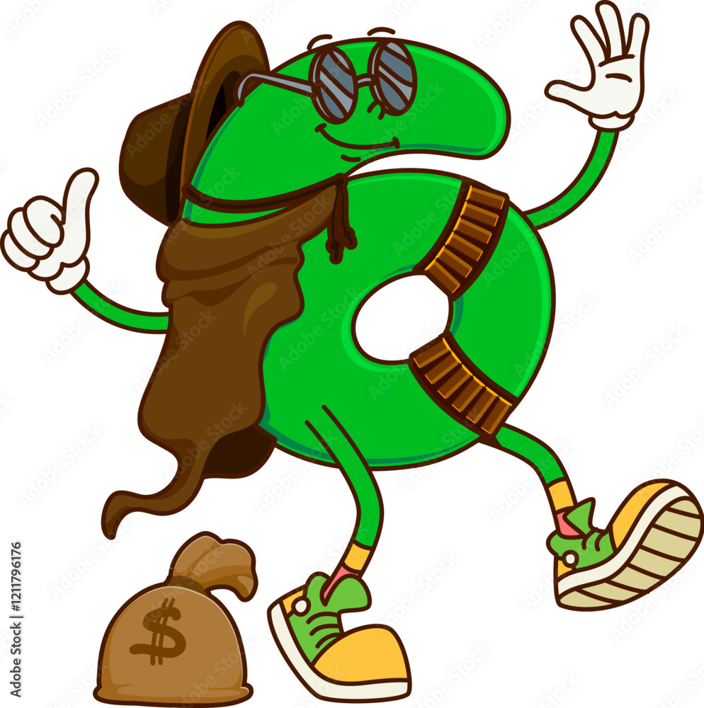 Poster cartoon groovy math number 6 as western bandit character, vector mathematics symbol. groovy number s