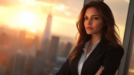 Confident businesswoman sunset city view.