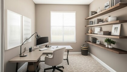 Spacious home office with a neutral color scheme, wall-mounted shelves, and a minimalist desk for a productive atmosphere.