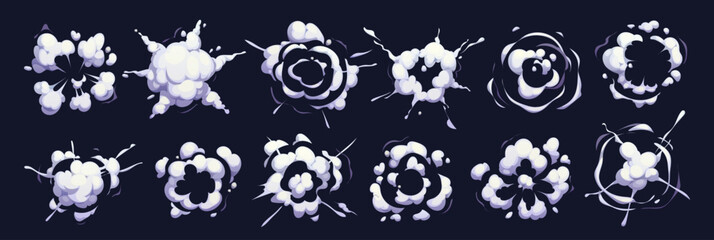 Smoke cloud explosion, bomb blast cartoon effects, vector game UI. Comic boom effects with white smoke clouds, fire flashes, dust and steam air motion trails, bomb explosion power and blast set © Vector Tradition