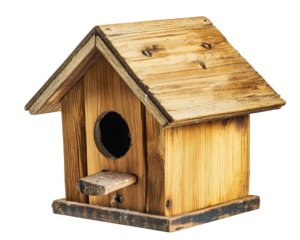 wooden birdhouse with rustic design, featuring slanted roof and circular entrance. Perfect for garden decor and attracting birds