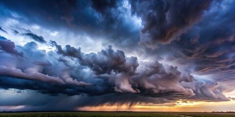 A Majestic Wall of Dark Clouds Descending Upon a Verdant Plain, Lit by the Fiery Hues of a Setting Sun