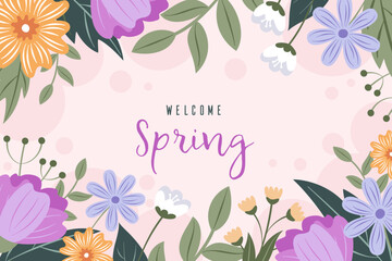 Welcome, spring. Spring decoration. Floral background with blooming flowers and leaves. Vector illustration