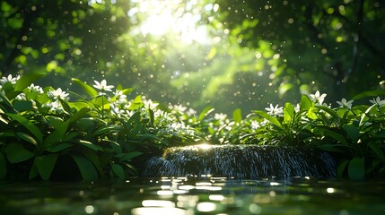 Fototapeta premium Serene Waters Flowing Through Lush Greenery and Delicate Flowers