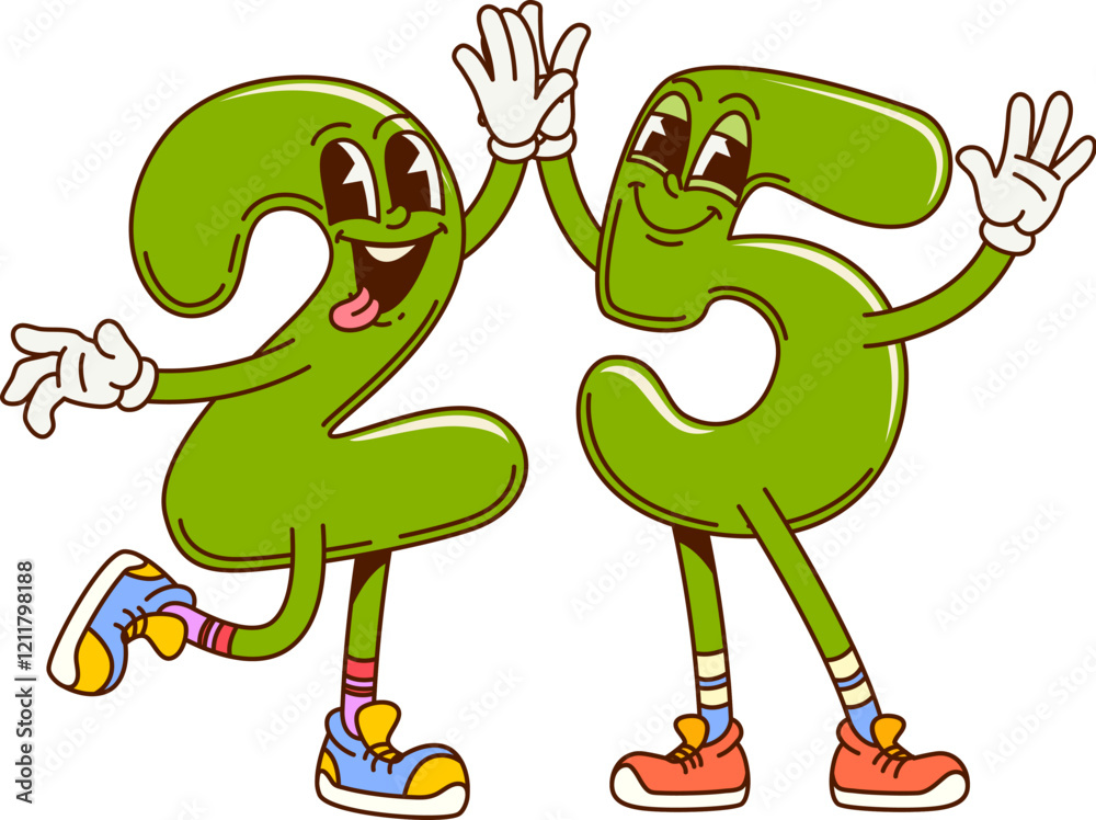 Poster groovy twenty five math number characters. mathematics numeric symbol vintage cartoon cute mascot or