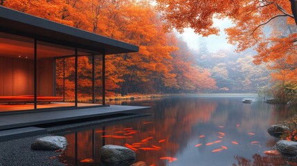 Modern glass house by serene autumn lake with Koi fish, reflecting vibrant foliage.
