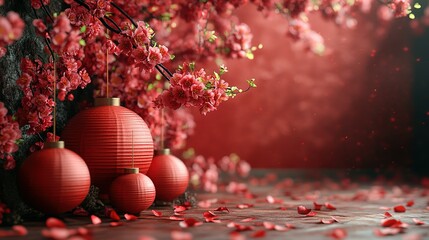 Fototapeta premium Red Lanterns Hanging Beneath Blooming Cherry Blossoms