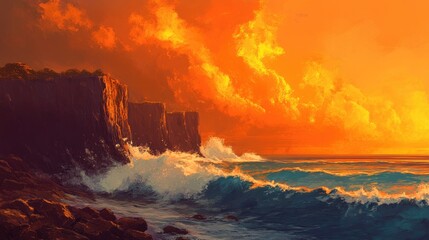 A dramatic coastal cliff with waves crashing against the rocks, bathed in a vibrant orange sunset glow