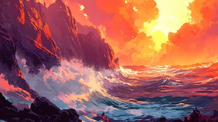 Fototapeta premium A dramatic view of coastal cliffs and crashing waves, bathed in the glow of a fiery sunset