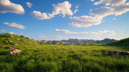 Fototapeta premium Lush Green Meadow Under Bright Blue Sky with Fluffy White Clouds