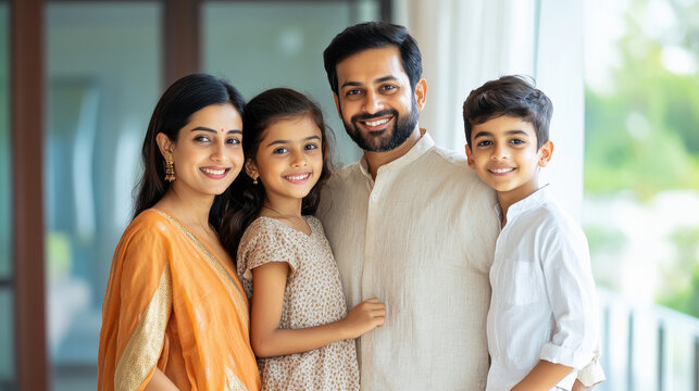 A Indian family of four stands side by side, dressed in comfortable, casual clothes, each with a slight, warm smile on their faces.