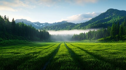 Fototapeta premium Serene Green Field Surrounded by Majestic Mountains and Forests