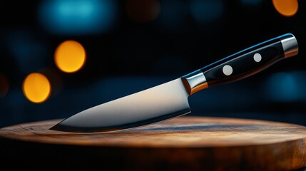 A close-up of a sharp kitchen knife resting on a wooden cutting board, with soft bokeh lights in the background, Ideal for culinary blogs, cooking tutorials, or kitchenware advertisements,
