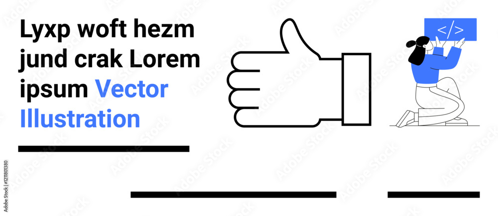 Wall mural thumbs up symbol with coder girl holding code, text boxes, and placeholder text. ideal for web desig