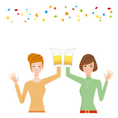 ビールで乾杯をする女性と紙吹雪が舞っているイラスト