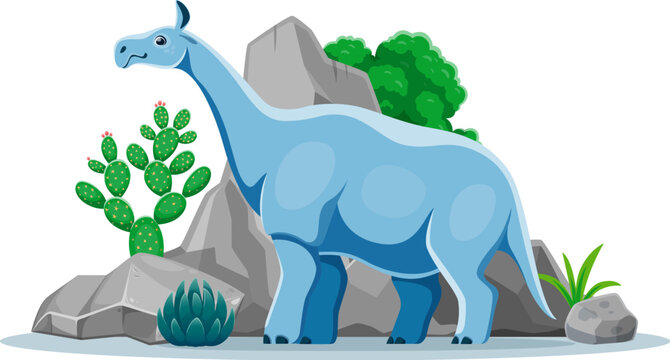 Indricotherium prehistoric dinosaur in natural landscape with lush plants, cacti and rocks. Cartoon vector four-legged dino character known as Paraceratherium lived in late Eocene to early Oligocene