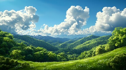 Obraz premium Lush Green Rolling Hills Under Bright Blue Sky with Fluffy Clouds