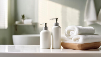 two soap pump bottle mockup with clean towel roll in white color on bathroom countertop