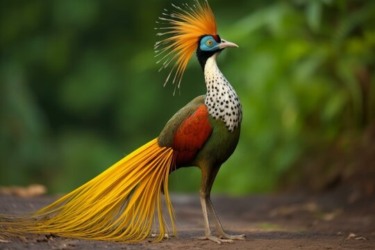 Crested fireback standing on the ground, showing its colorful plumage and long golden tail feathers in a blurred natural background
