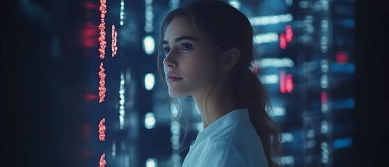 Woman observing digital data stream.