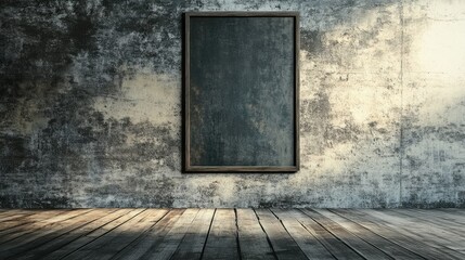 Empty frame on a textured concrete wall with a wooden floor