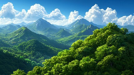 Majestic Green Mountains Under Blue Sky with Fluffy Clouds