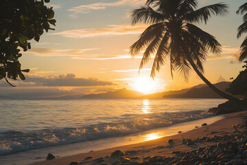 Stunning Tropical Sunset Beach Scene Golden Hour Peaceful Ocean Palm Tree Silhouette Idyllic Island Paradise Vacation Relaxation Tranquil Seascape Calm Waters Golden Rays Tropical Landscape Exotic    