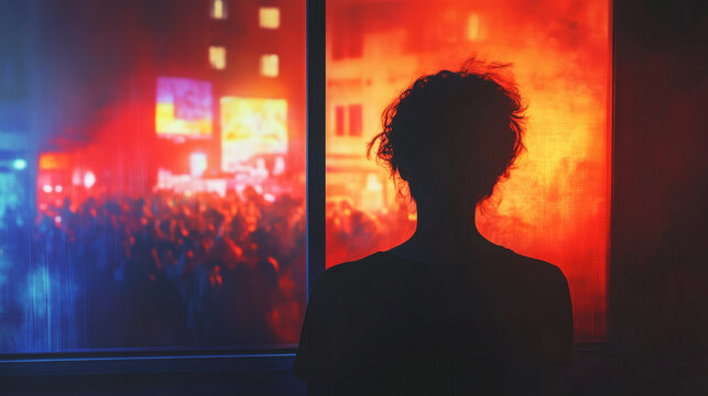 A member of the LGBTQ community looks out of a window at civil unrest, there is a sense of foreboding despite a pride rainbow color palette, landscape aspect ratio 16:9