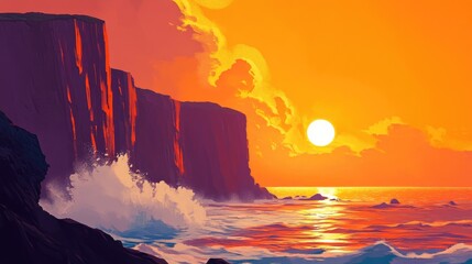 A vibrant orange sunset illuminating dramatic cliffs with waves crashing below, pure coastal beauty