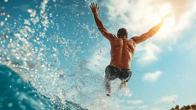 Black man performing an impressive backflip off a diving board into a sparkling blue pool under a sunny sky - Powered by Adobe