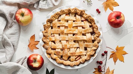 Delicious Freshly Baked Apple Pie on White Background Flat Vector