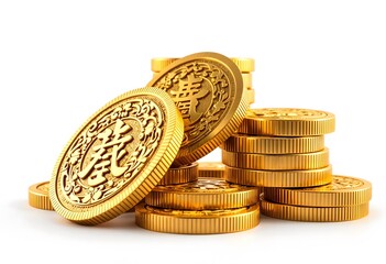 Golden Chinese coins stack, wealth, prosperity, isolated, white background, finance