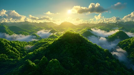 Serene Sunrise Over Lush Green Mountains Shrouded in Mist