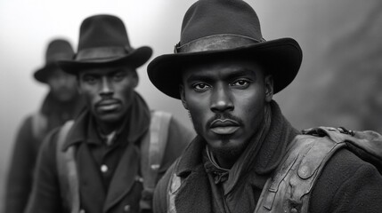 Fototapeta premium Three serious Black men in hats and coats.