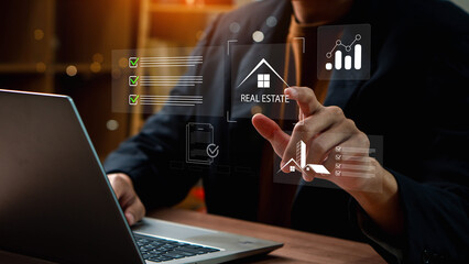 Real estate management. using a tablet to manage real estate tasks with interactive digital checklists, accessing digital tools for housing evaluations, property management, and checklist planning.