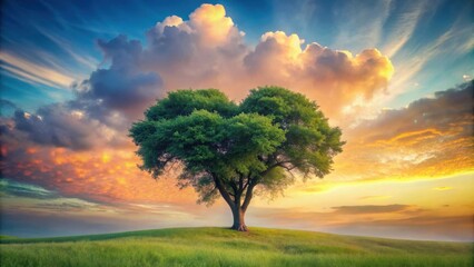 Fototapeta premium Serene Heart-Shaped Tree on a Verdant Hill Against a Vibrant Sunset Sky