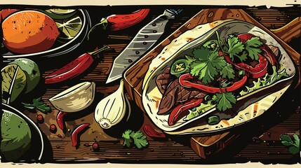 Vibrant Grilled Beef Taco with Freshness and Spice Flat Vector